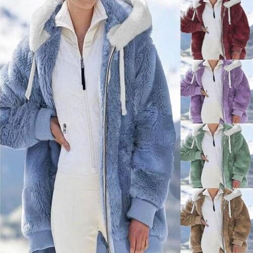 Women Thick Plush Jackets Winter Warm Faux Fur Zipper Hooded Coats Female Casual Solid Long Sleeve Loose Outerwear Plus Size