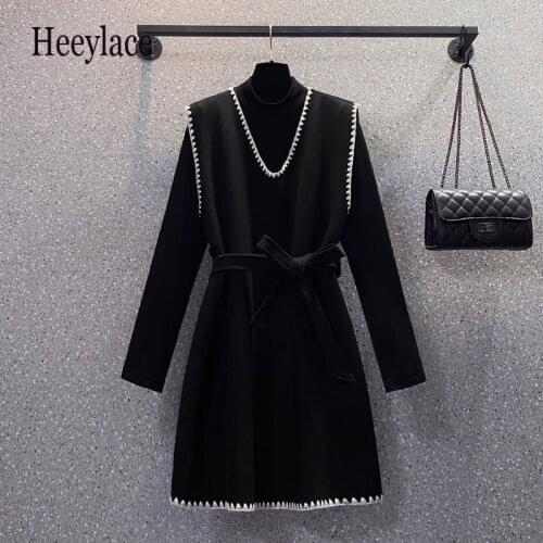 Plus Size Women Clothing Autumn Long Sleeve Knitted Basic Sweater And Vest Dresses Sets Office Ladies Elegant Two Pieces Set 4XL