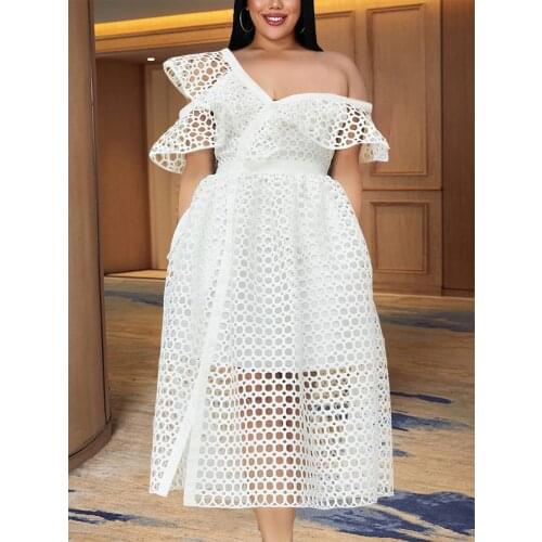 2021 Plus Size Elegant Ladies Summer White Dress Chic Bare Shoulder Net Hollow Out Midi Dresses Big Large Women Vacation Outfits