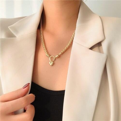 Goth Heart Padlock Pendant Necklace for Women Punk Jewelry Vintage Handmade Twisted Chain Chokers Necklaces Female Hiphop Collar