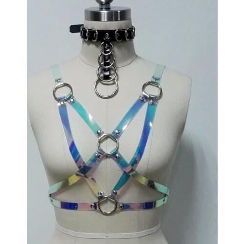 100% Handmade Punk Gothic Holographic Star Pentagram PVC Harness Rainbow Hologram Choker Waist Belts Suspender Straps