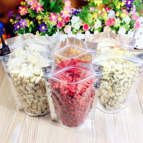 AAA Great 500Pcs/Lot Silver Clear Stand Up Aluminum Foil Zip Lock Bags Resealable Plastic Bag Food Storage Packing Pouches Gifts