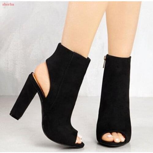 Classic Ankle Boots Faux Suede Leather Casual Open Peep Toe High Heels Zipper Fashion Square Rubber Black Shoes For Women sanda