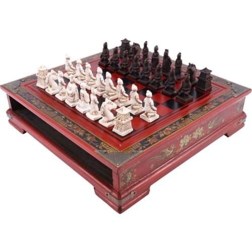 Wood Chess Chinese Retro Terracotta Warriors Chess Wood Do Old Carving Resin Chessman Christmas Birthday Premium Gift