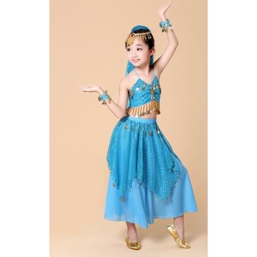 Kids Belly Dance Bollywood Performance Costumes India Dance Clothes Children Belly Dance 4pcs/Set (Top+Skirt+Bracelet+Headdress)