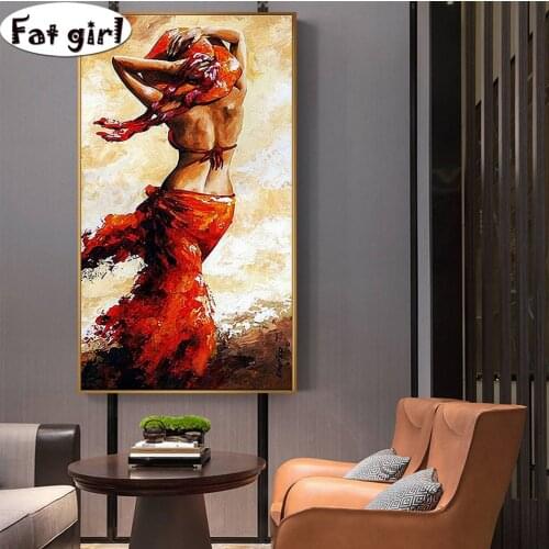 Art oil painting Sexy woman beauty back diy diamond painting square round embroidery mosaic Red skirt Rhinestone wall art poster