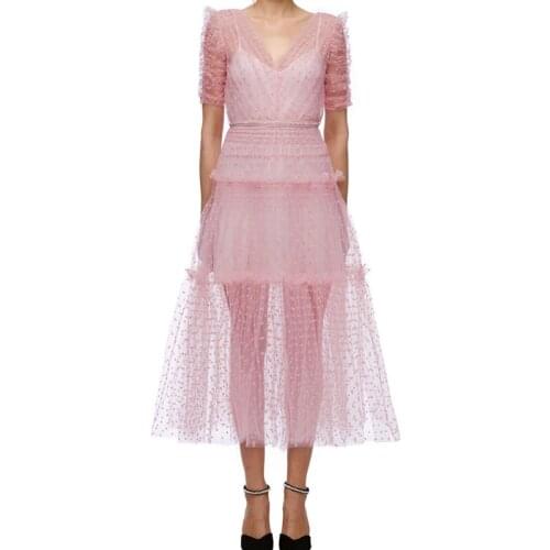 Menahem 2021 Runway Polka Dot Lace Mesh Summer Dress Women Sexy Double V-Neck Backless Short Sleeve Party Dress + Lining