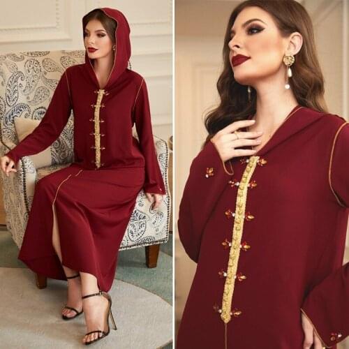 Muslim Fashion Solid Color Back Cap Long Sleeve Diamond Dress Islamic Clothing African Dress Womens Robe 2021