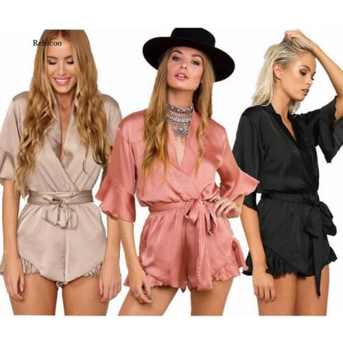 Women New Summer Satin Sleepwear Ruffle Loose Solid Playsuit Romper Deep V-neck Short Sleeve Sexy Bow Beach Overalls