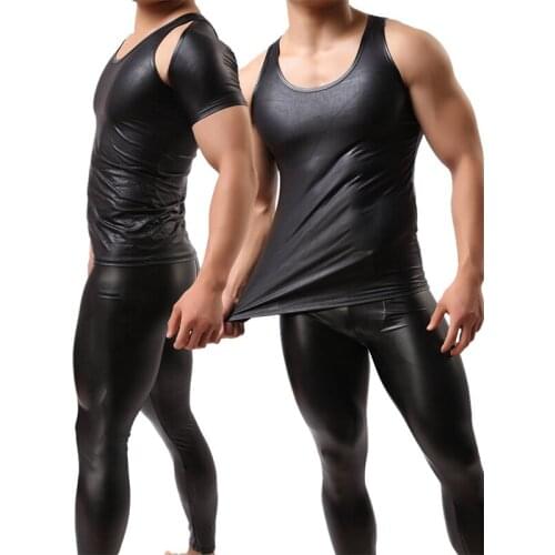 New Sexy Black Faux Leather Mens Sets Leather Tight Trousers Fashion The Word Vest And Waistcoat Sexy Underwear Free Shipping