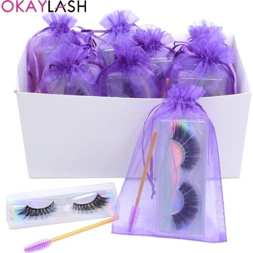 OKAYLASH 3D Cruelty Free Faux Mink Eyelashes with Purple Bag and Mascara Wands Natural Fluffy Black Fiber Cilia
