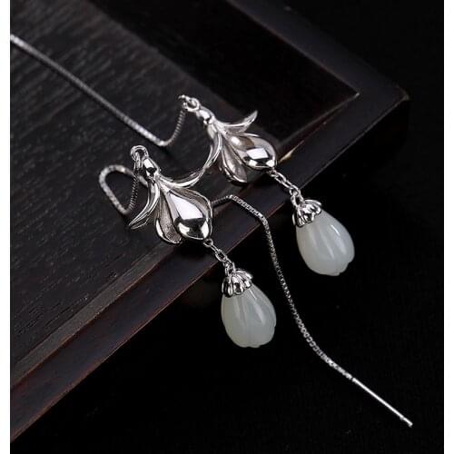 100% Real 925 Sterling Silver Handmade Magnolia Flower Earrings for Women Brincos Jade Flower Ear Lines Long Earrings Jewelry