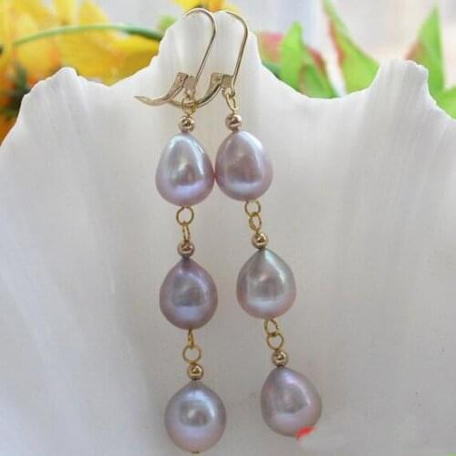 New Favorite Pearl Jewelry 3Line 13mm Lavender Drip Freshwater Pearl 14k/20 Gold Dangle Earrings Birthday Party For Lady Gift