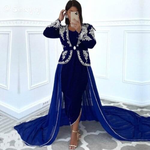Chic Women Blue Evening Dress 2021 Long Sleeve Velvet Dubai Abaya Evening Gown Kaftan Moroccan Mariage Lace Karakou Algerien