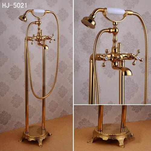 Bathtub Faucets Luxury Gold Brass Bathroom Shower Faucet Rain Handheld Euro Floor Stand Telephone Bath Shower Mixer Ta