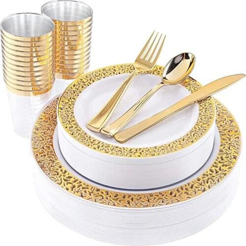 60pcs Wedding party home supplie Plastic Party Plates for 10 people party Gold Disposable Plates Plastic Silverware Plastic Cups