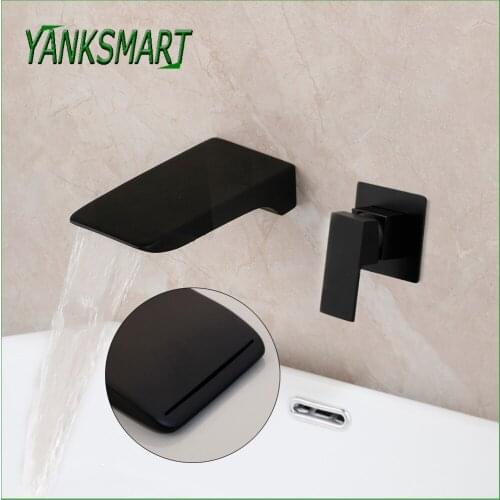 YANKSMART Bathroom Matte Black Wall Mounted Basin Sink Faucet Bathtub Single Handle Waterfall Solid Brass Cold And Hot Mixer Tap