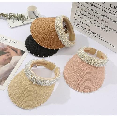 Pearl Adjustable Women Summer Shading Outdoor Empty Top Hat Fashion New Sun Protection Solid Color Sun Visor Hat Beach Cap