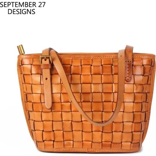 Womens Knitting Shoulder Bag Genuine Leather Luxury Handmade Ladies Vintage Storage Handbag Female Totes Retro Underarm Bags