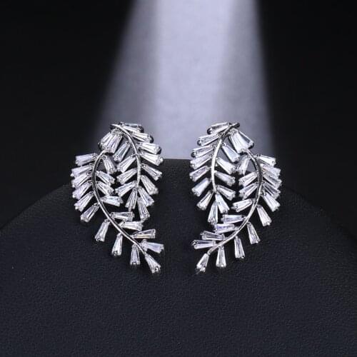Emmaya Luxury Two Feather Leaf Climber Stud Earrings AAA Cubic Zirconia For Women Girls Wedding Party Gifts Jewelry