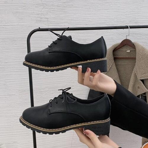 Womens Shoes Lace Up Square Root College Wind Student SIngles Shoe Ladies British Style Square Head Casual Shoes Wild U18-59