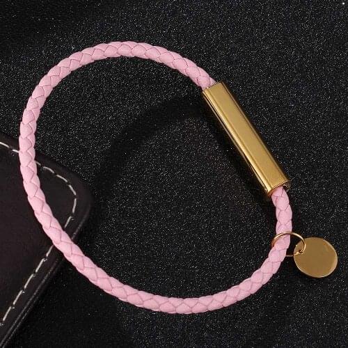 Women Bracelet Pink Braided Leather Bracelets for Women Stainless Steel Clasp Jewelry Gift BB0719