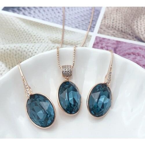 Woman Jewel Set made with Austrian Crystal Fashion Oval Design Dangle Earing and Pendant Necklace Xuping Jewellery Set Girl Gift