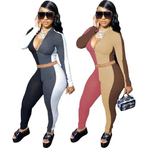 Women Long Sleeve Sets Patchwork 3 Colors Tracksuits Sportswear Crop Top + Long Pants Sexy Stretchy Stripe Knitted Fabric 2 PCS
