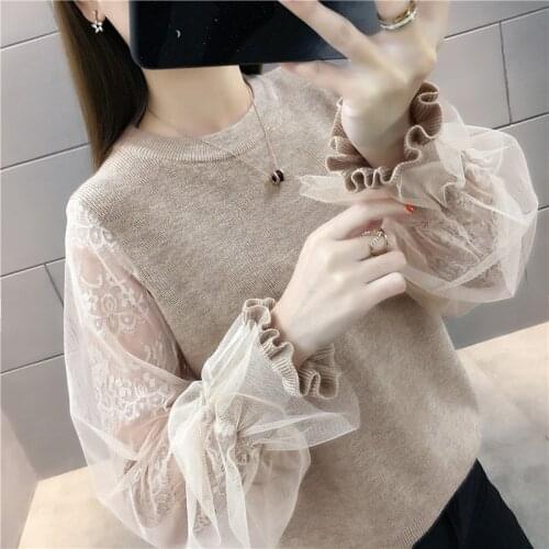 Womens Sweater Spring New Loose Korean Mesh Lace Stitching Sweater Short Long Sleeve Ropa Mujie Womens Turtleneck