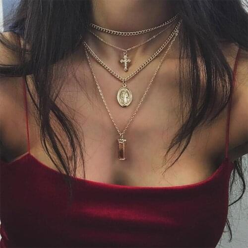 Retro Women Square Cross Virgin Mary Pendant Chain Necklace Gold Multilayer Clavicle Necklace Exquisite Necklace Set Combination