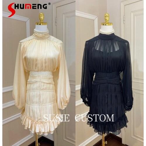 2021 New Autumn Elegant Turtleneck Knee-length Dress Ladies Fashion Solid Color Lantern Sleeve Cinched Pleated Fishtail Dress