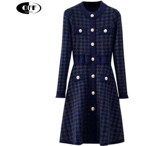 Designer Autumn Winter Knitted Sweaters Dress Woman Houndstooth Casual Elegant Long Sleeve High Waist Knitting Lady Dresses Robe
