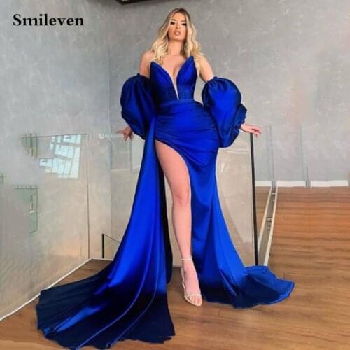 Smileven Royal Blue Puff Sleeve Formal Evening Dress Mermaid Long High Side Split Prom Dress Sexy Dubai Celebrity Gowns 2021