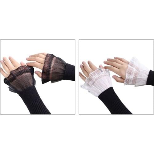 1 Pair Korean Women Girls Fake Flared Sleeves Double Layer Lace Pleated Ruched False Cuffs Wrist Warmers
