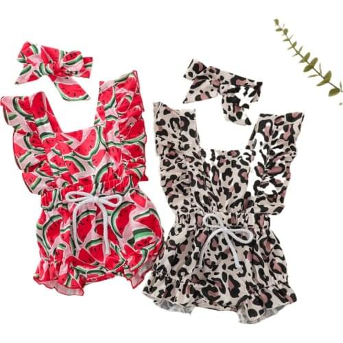2021 Baby Summer Clothing Newborn Baby Girl Clothes Ruffle Bodysuit Summer Sleeveless Watermelon Leopard Printing Short Jumpsuit