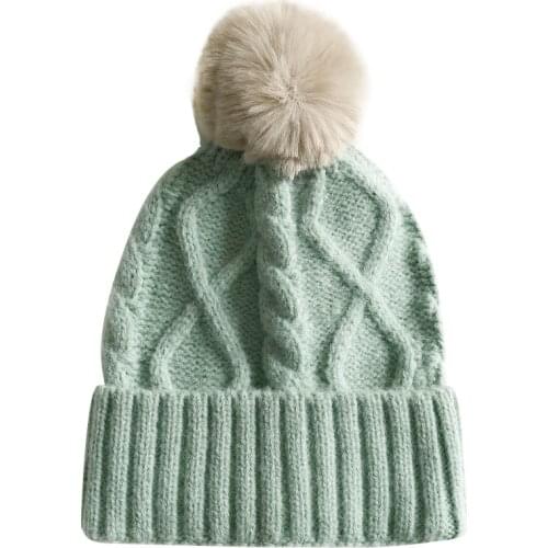 KENSHELLLEY Kids Winter Beanie Cable Knitted Solid Ski Beanie Artificial Rabbit Pom Pom Soft Wool Thick Warm Beanie Hats For Ki