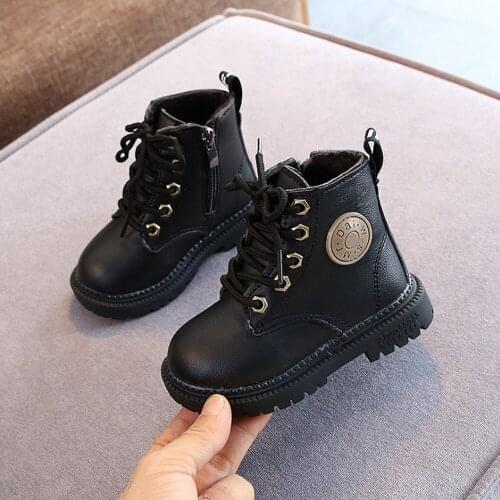 Children Short Boots Plush Warm Shoes For Boys PU Leather Girls Kids Martin Boots Autumn Winter New Toddler Baby Soft Bottom