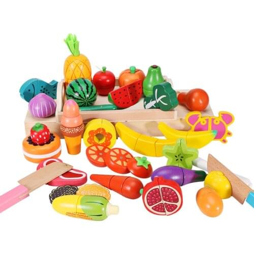 DIY Wooden Pretend Play Kitchen Toy Cut Fruit Vegetables Simulation Kitchen Set Early Education Toys For Children Kids Girl