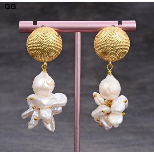 GuaiGuai Jewelry Handmade White Edison Keshi Pearl Flower Yellow Gold Color Plated Coin Stud Dangle Stud Earrings