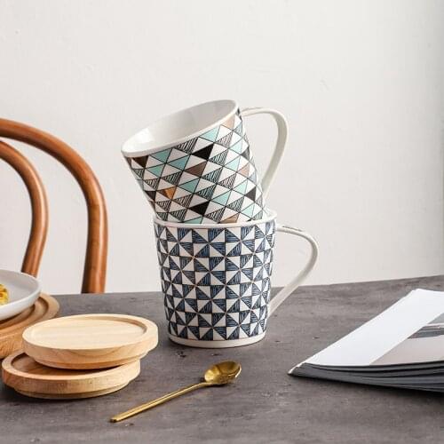 Modern Geometric Style Ceramic Coffee Mug Large Capacity Office Tea Mugs Porcelain Drinkware Couple Breakfast Milk Cups With Lid