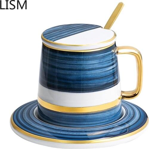 Ceramic Milk Coffee Mug with Lid Spoon Creative Personality Coffee Cup Simple Female Cups and Mugs Travel Gold Bule Luxury Mugs