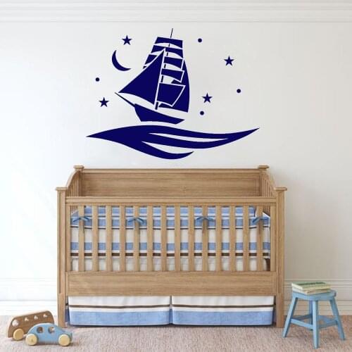 Ship Nursery Wall Stickers For Kids Room Boy Sea Waves Home Decors Star Moon Vinyl Wall Decals Room Sticker Bedroom Decal B511