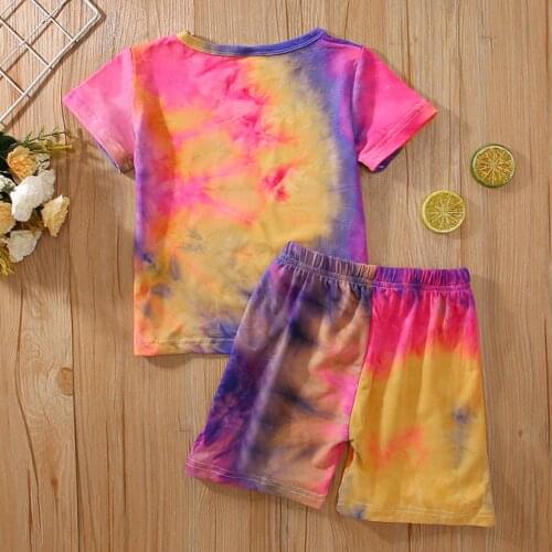 2 Pieces Kids Suit Set Tie-Dye Print Round Neck Short Sleeve T-Shirt+ Short Pants For Girls Boys Pink Purple/Blue Green
