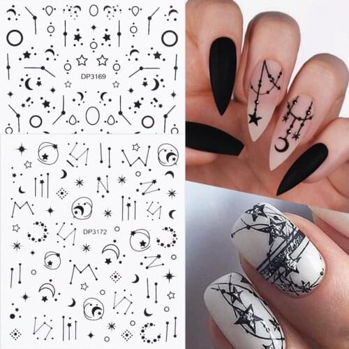1pc Moon Star Nail Decals Stickers Black 3D Curve Stripe Line Adhesive Foil Nail Art Decoration Manicure Sliders TRDP3169-3180-1