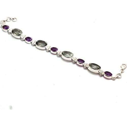 Genuine Amethyst + Green Amethyst Bracelet 925 Sterling Silver, 21 cm, GRP0259