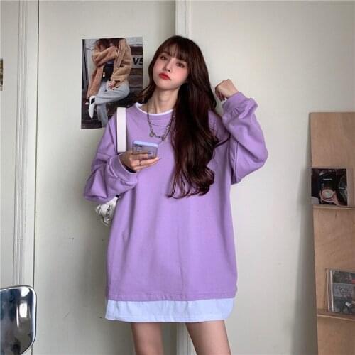 2021 new thin hoodie autumn loose stitching fake two pieces of solid color blouse womens sweatshirt long-sleeved round neck