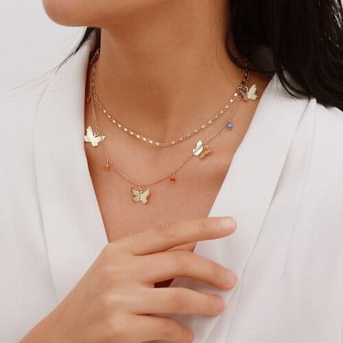 2PCS Women Girls Necklace Copper Choker Necklace Bead Metal Butterfly Tassels Pendant Necklace Jewelry Accessories