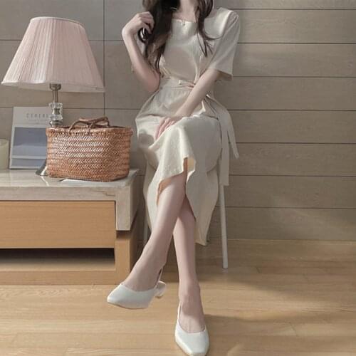 2021 New Womens Summer Dresses Casual Square Collar High Waist Solid Vintage Fashionable Lace Up Elegant Lady Long Dress DR5307