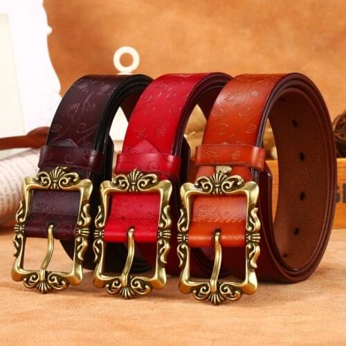 Cow Genuine Leather Waist Belt for Women Jeans Real Cowhide Embossed Flower Buckle Vintage Stylish Belt