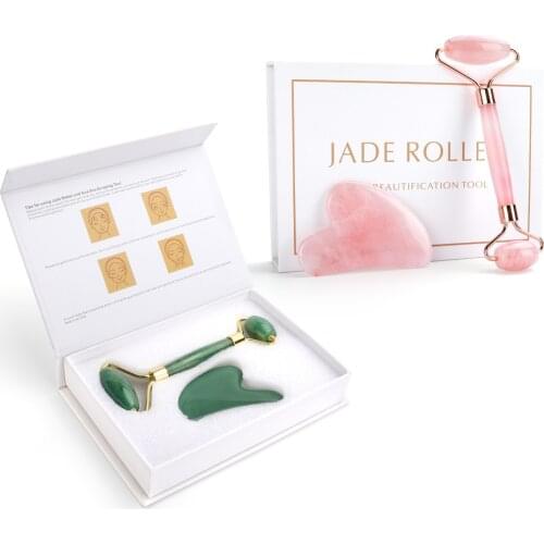 Facial Massage Facial Jade Stone Quartz Jade Roller Heart Guasha Scraping Board Slimming Face Lift Massager Skin Beauty Care Set
